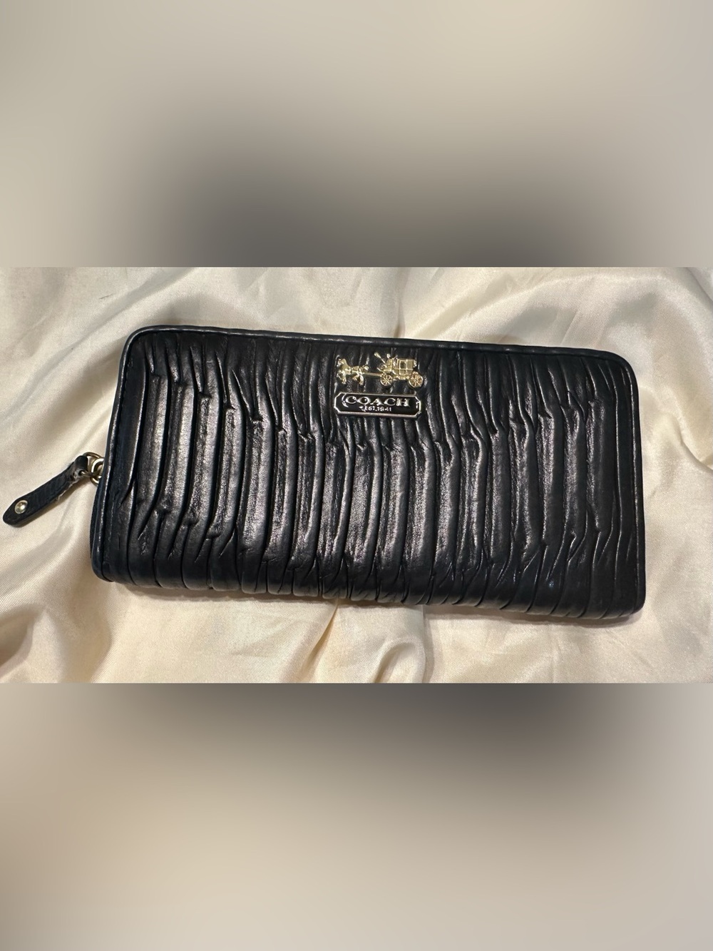 Coach Black Ruched Leather Clutch with Gold Carriage Emblem